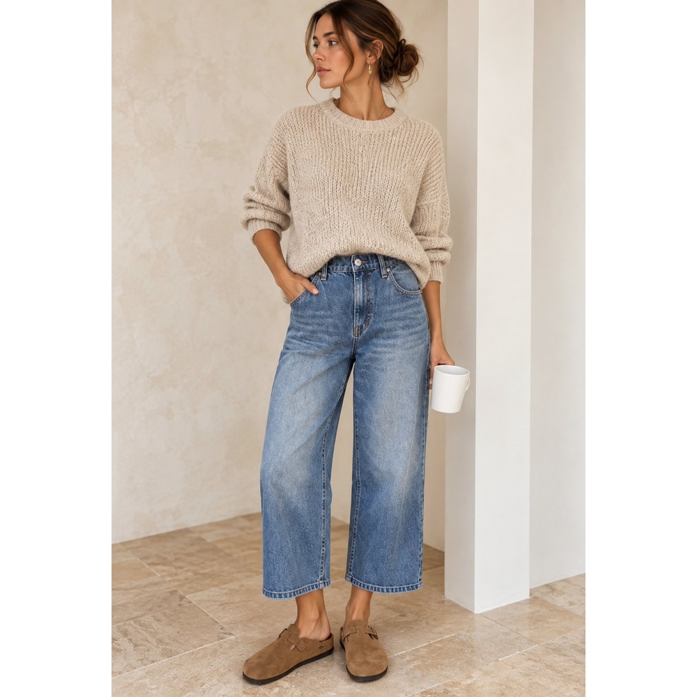 rag & bone Miramar Cropped Relaxed Wide Leg Blue Denim Print Terry Pants XS